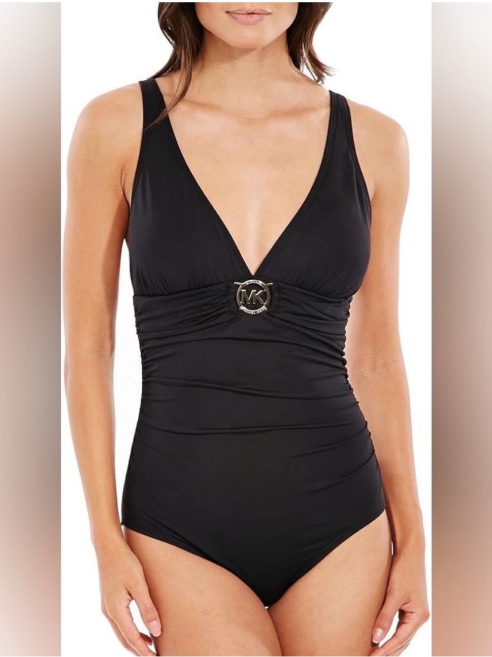Michael Kors Black Plunge V-Neck One-Piece Swimsuit with Gold MK Medallion